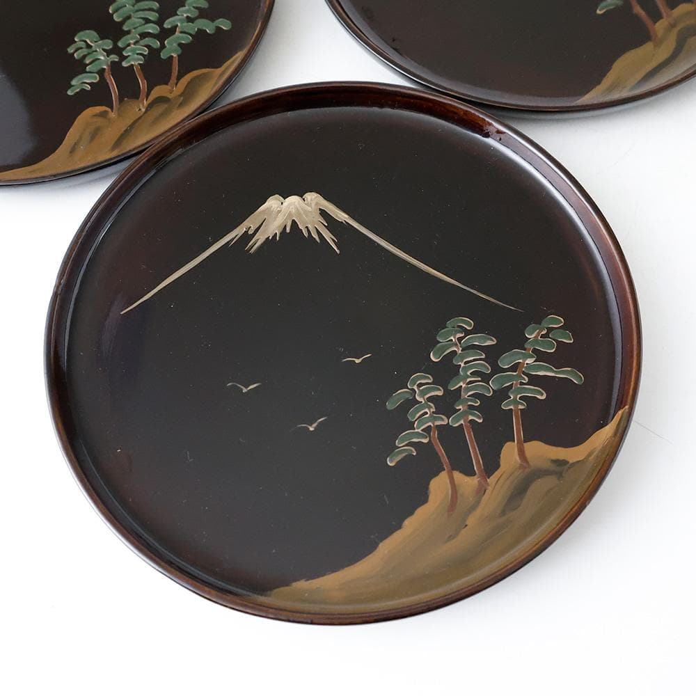 木製漆器 勇介塗 松に富士 色絵蒔絵 銘々皿 五客 共箱 茶道具 菓子器