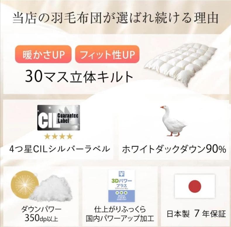 タンスのゲン 羽毛布団 シングル [更に暖かい30マス立体キルト]