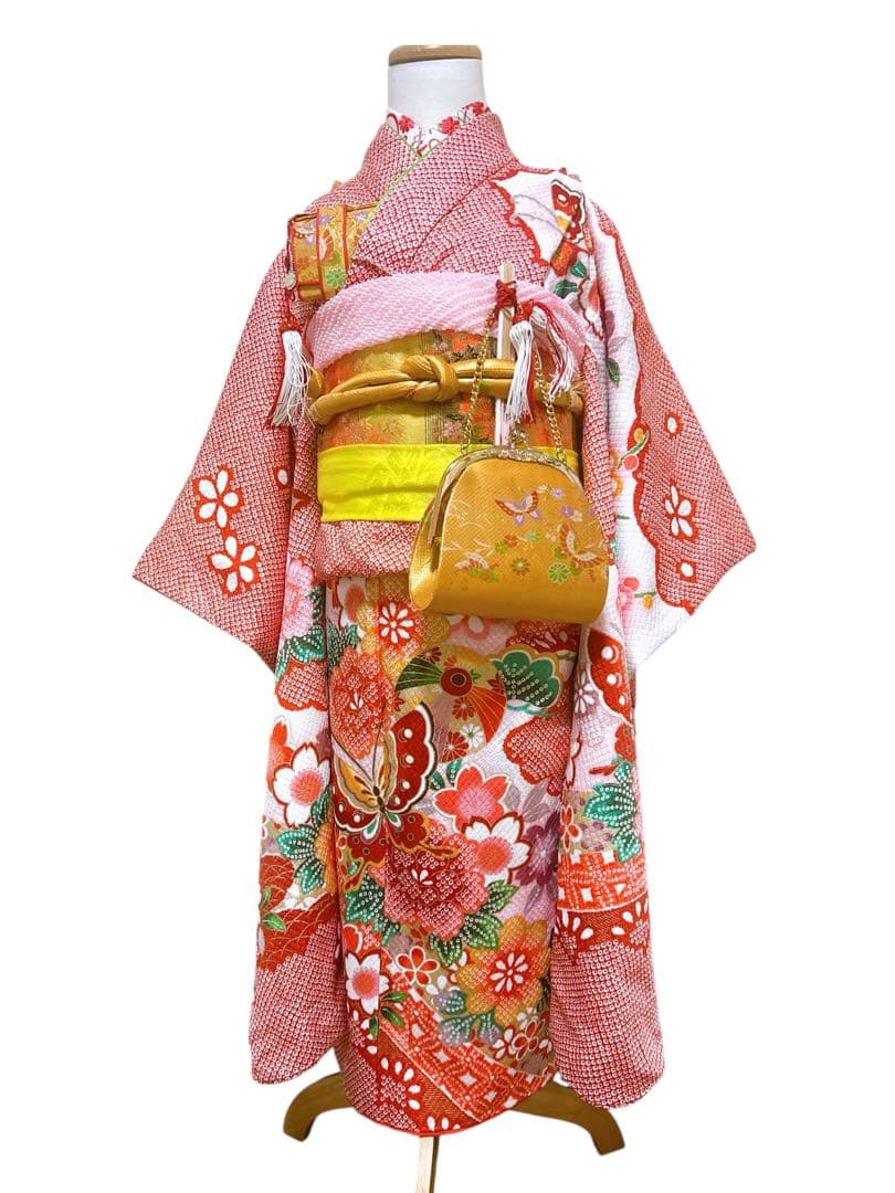 人気の鹿の子柄♡七五三　7歳　女の子　フルセット　一式　赤系　ゴールド