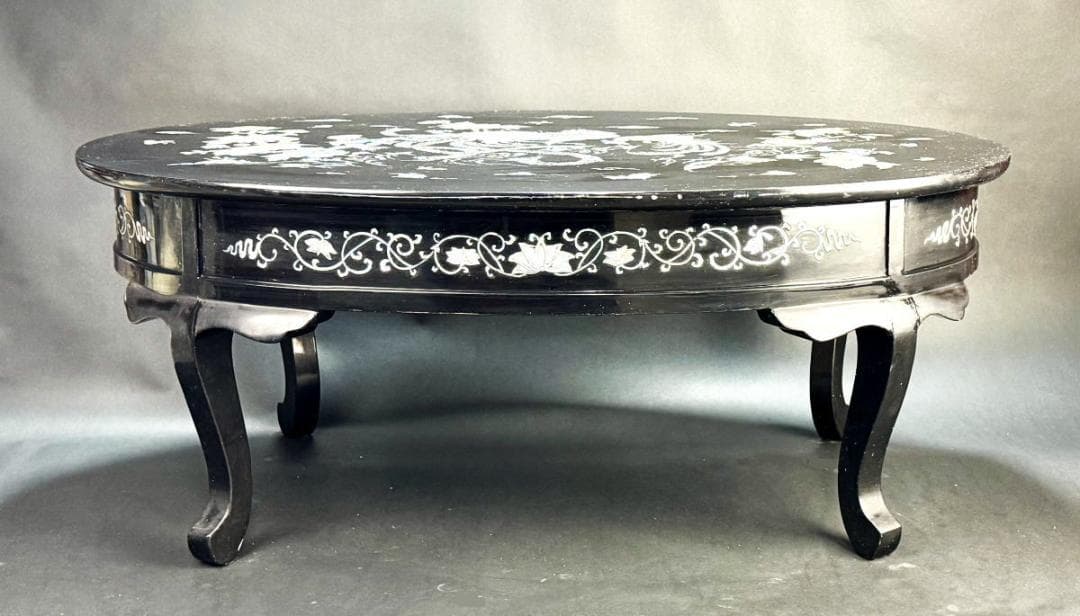 精密螺鈿 漆器花鳥文座卓 民芸家具 オーバル型 和風 リビング WWWT091