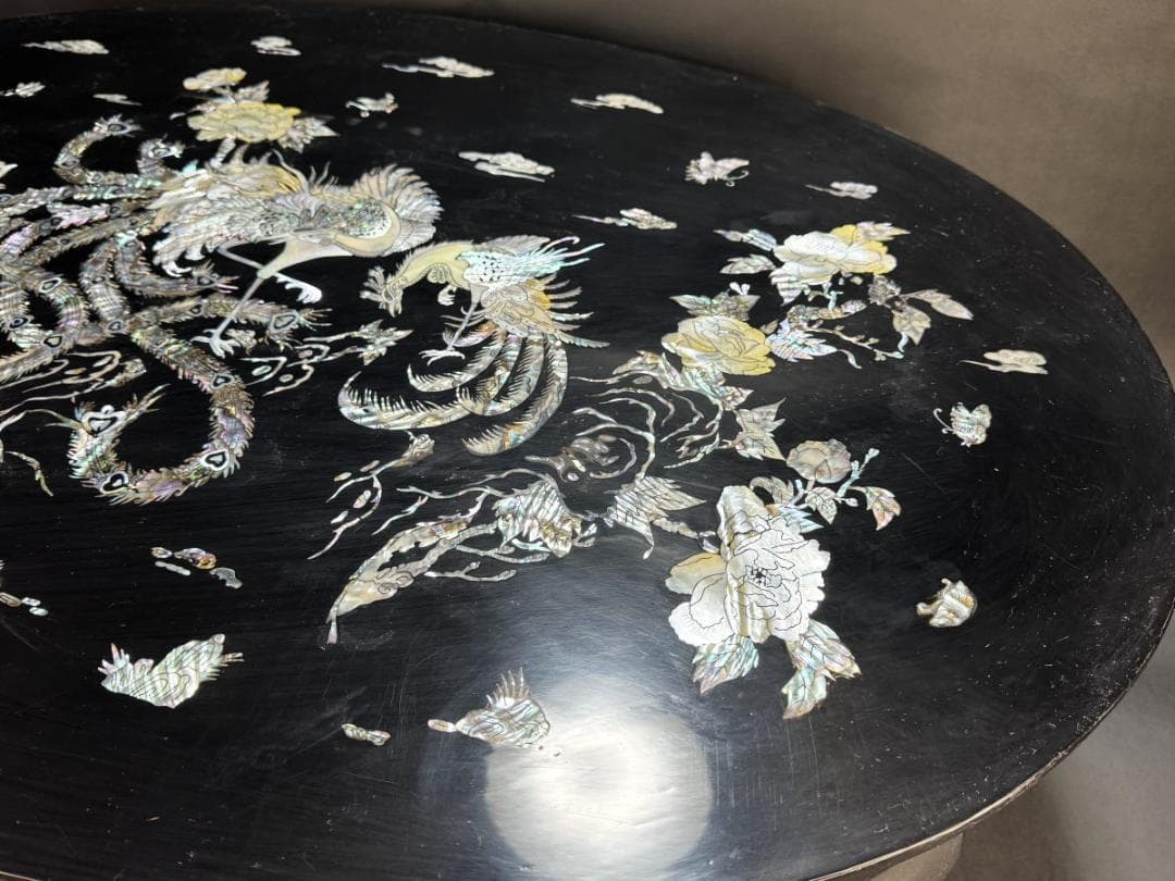 精密螺鈿 漆器花鳥文座卓 民芸家具 オーバル型 和風 リビング WWWT091