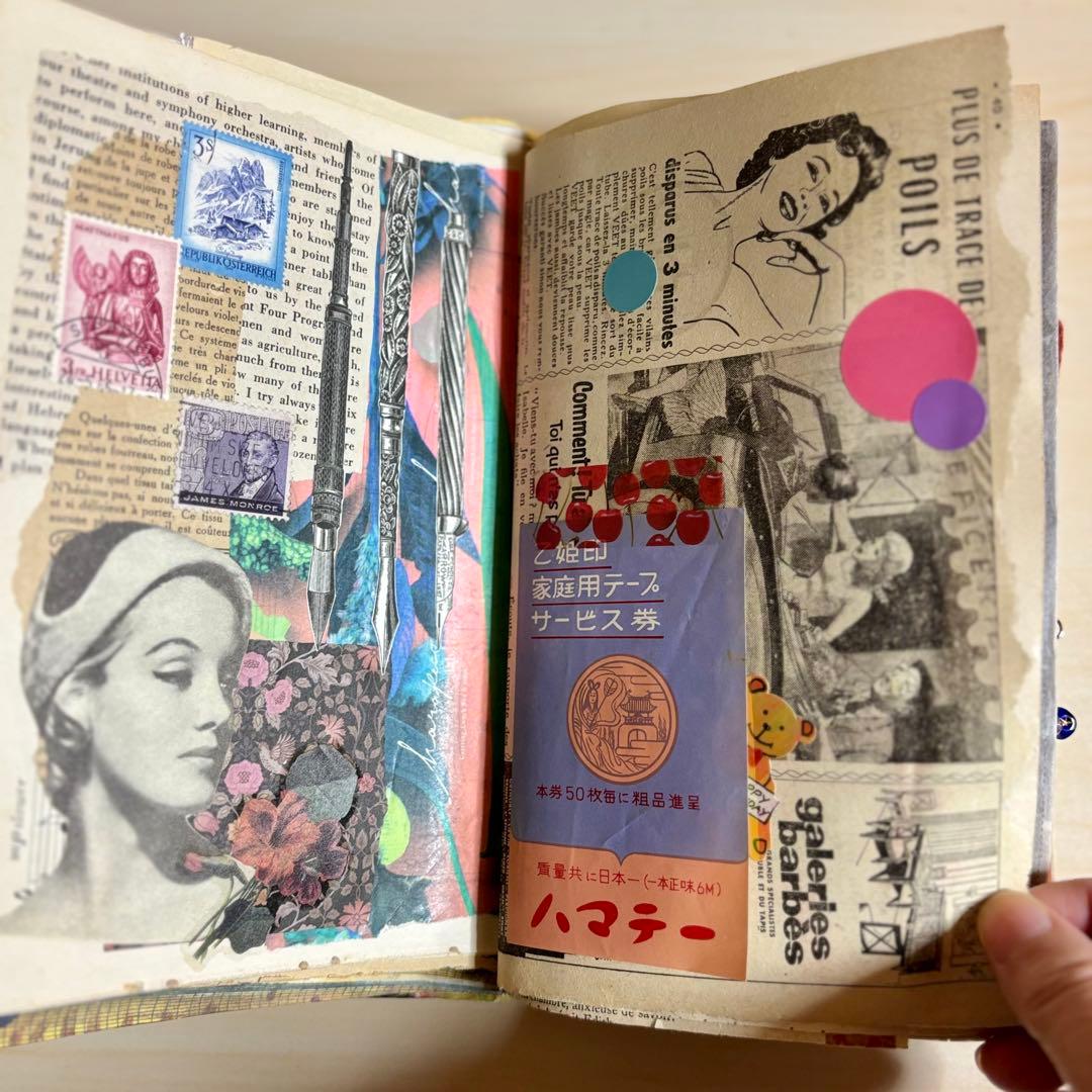 猫のジャンクジャーナル　コラージュ　おすそ分け　紙もの　ラベル　素材　絵本