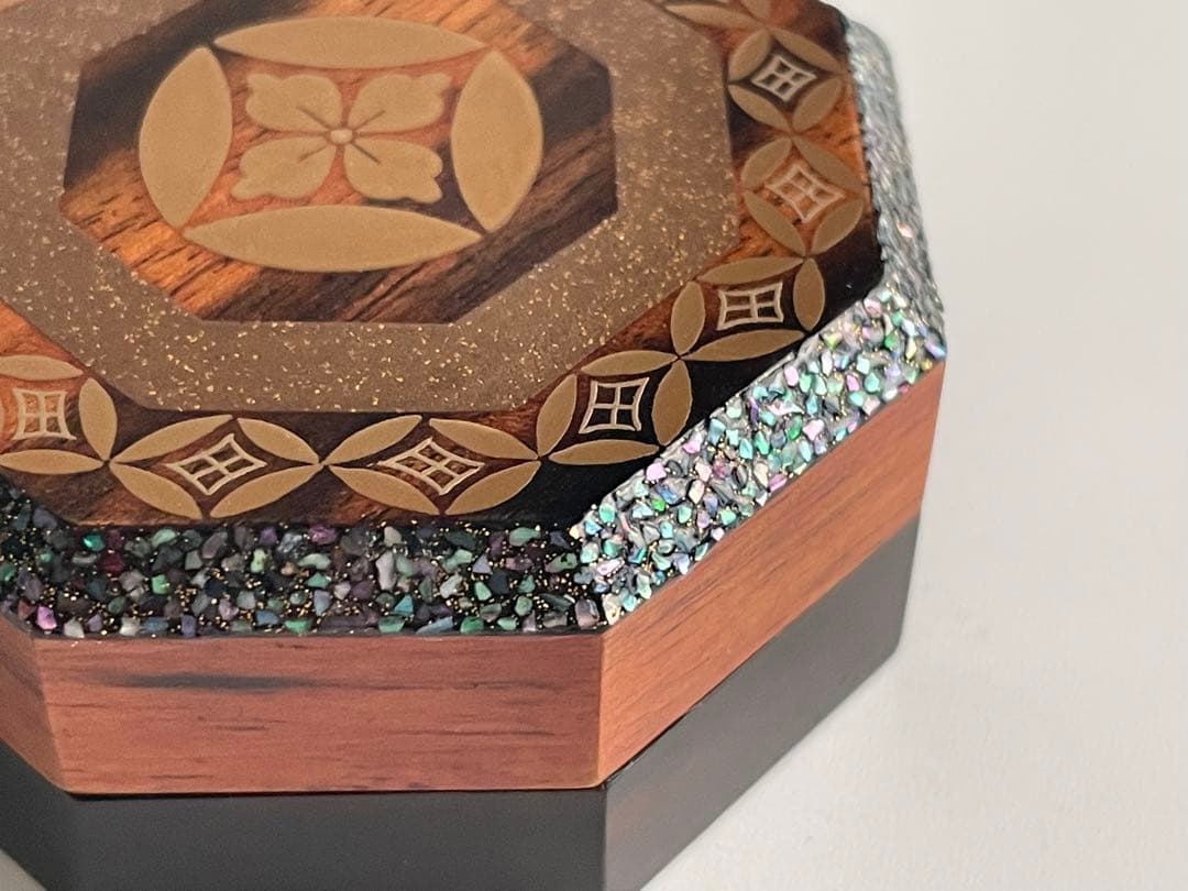 茶道具　茶平一斎　七宝八角香合　黒柿　木地香合　共箱　輪島塗　螺鈿　漆器