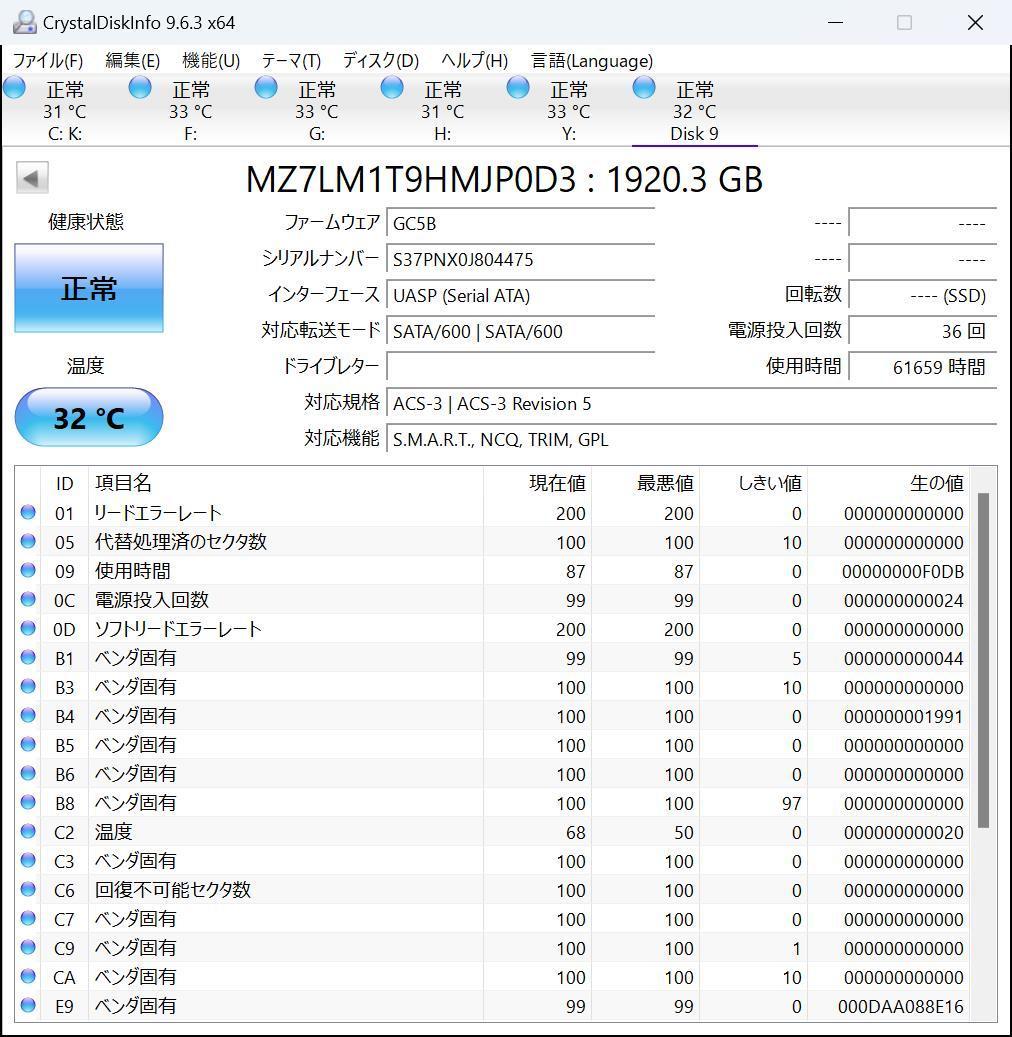②SAMSUNG 2.5インチSSD 1.92TB MZ-7LM1T9B 確認済