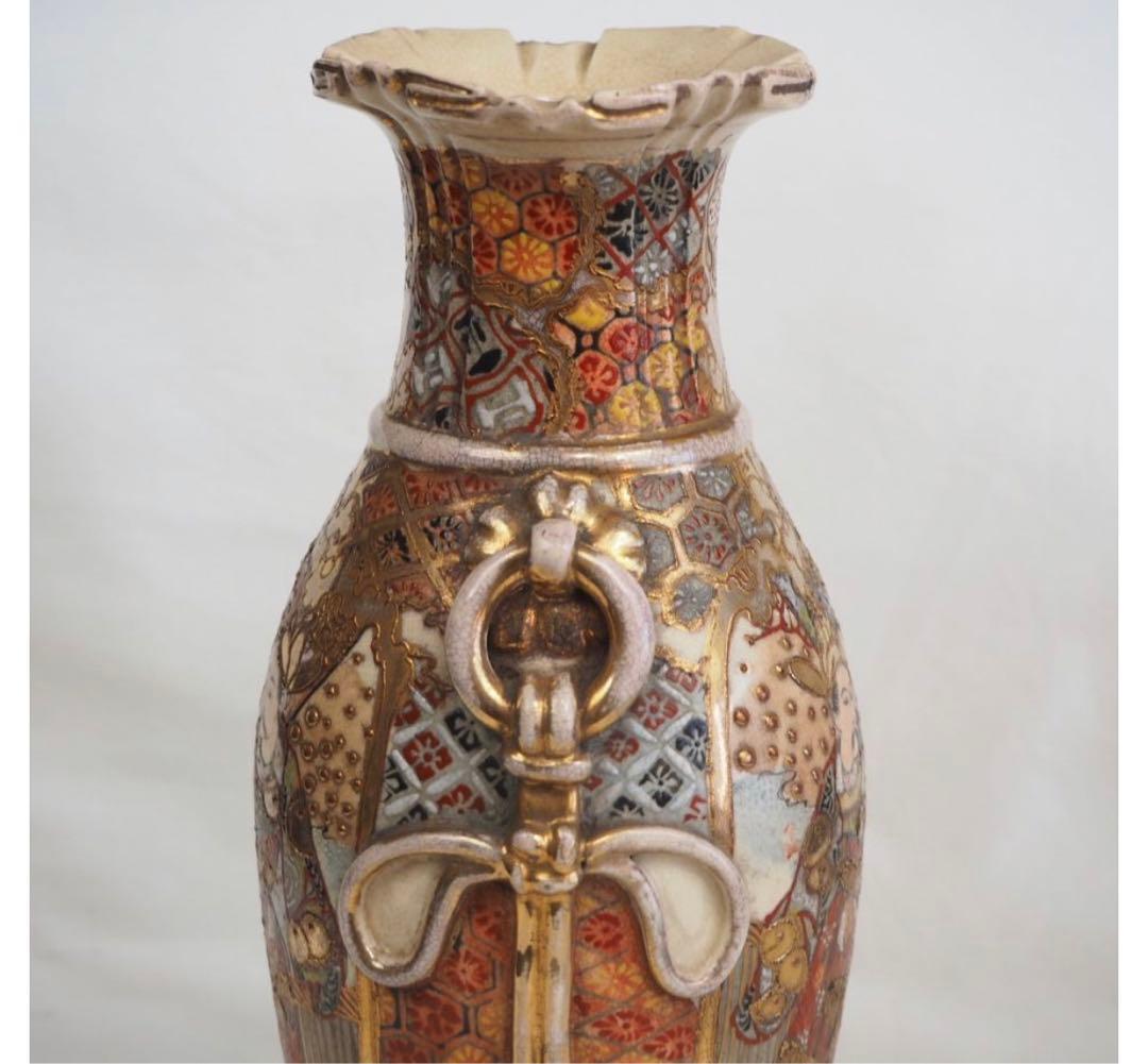 送料無料　明治期 薩摩焼 色絵金彩人物図花瓶