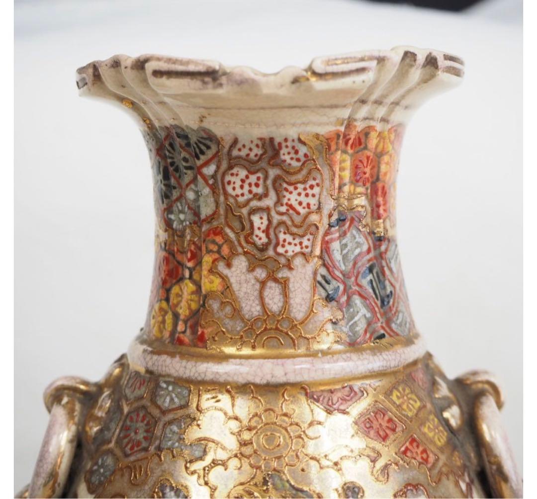 送料無料　明治期 薩摩焼 色絵金彩人物図花瓶