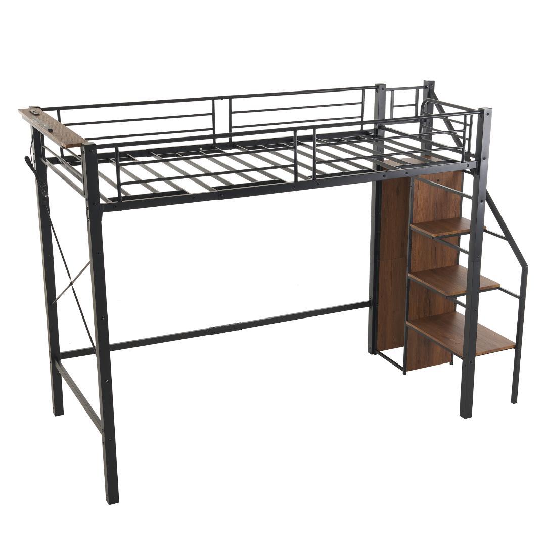 階段式ロフトベッド【S・シングル】　コンセント・ラック棚付き　BLACK