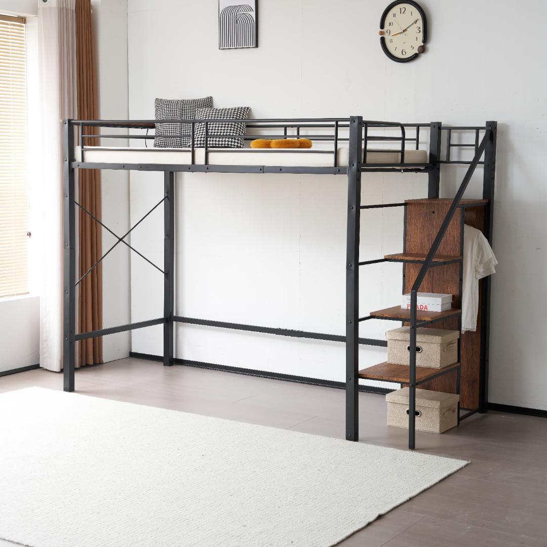 階段式ロフトベッド【S・シングル】　コンセント・ラック棚付き　BLACK