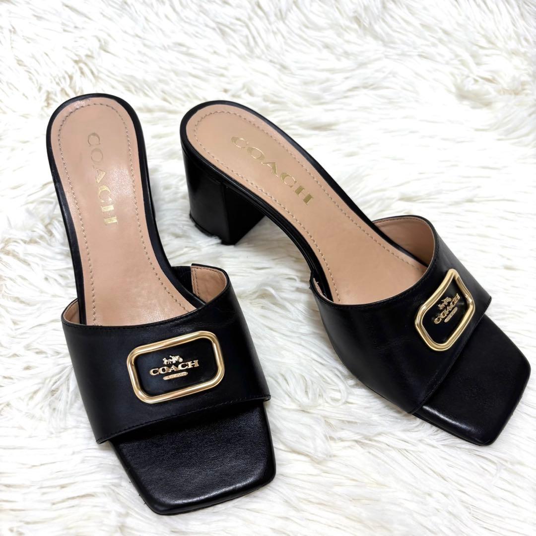 【美品】コーチ　スクエアトゥミュール　ヒール　ロゴ金具　ブラック　23.5cm