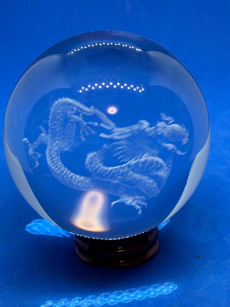 白水晶球 内部立体彫刻「龍戯珠」8cm 5787-1/2