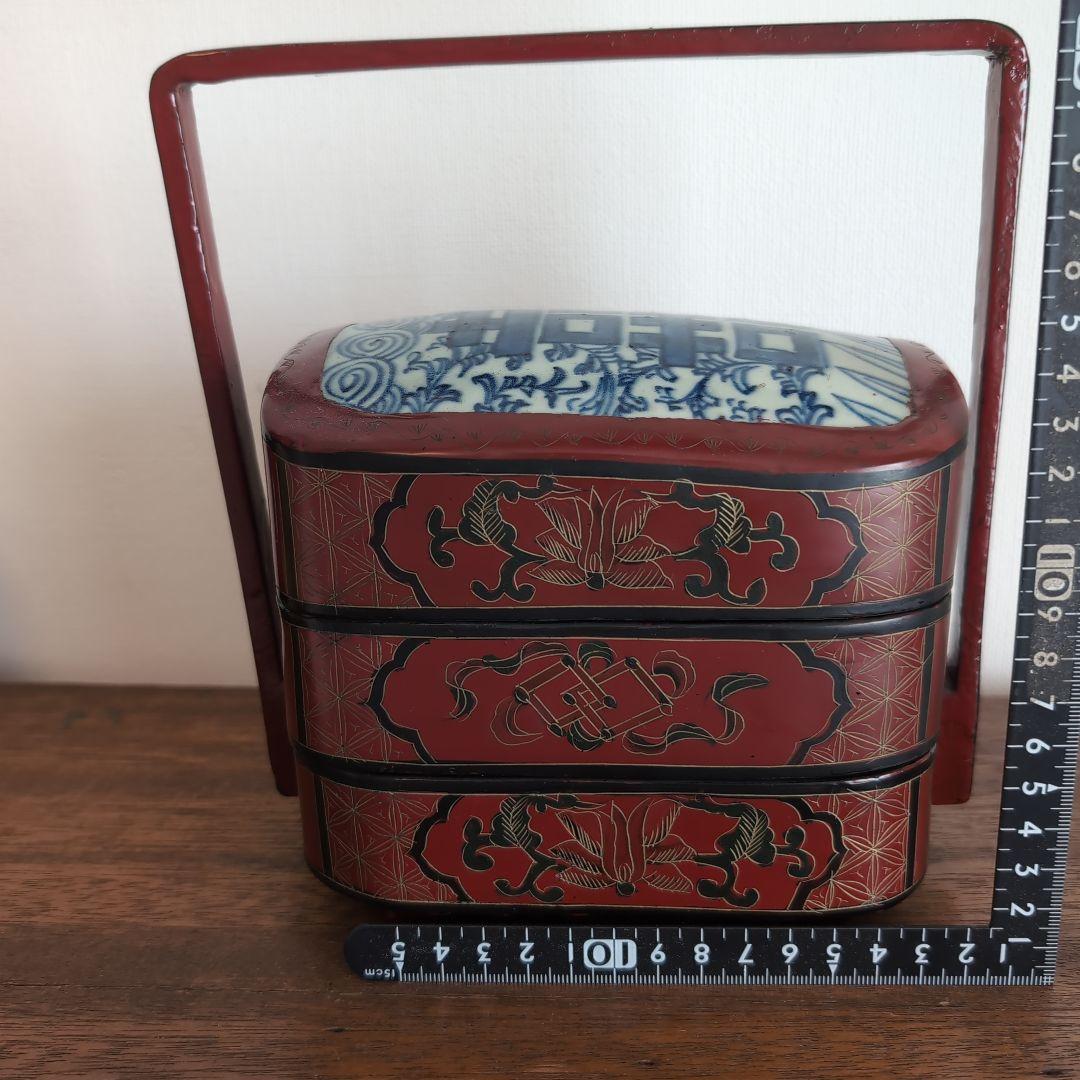 中国古玩　古染付上蓋　三段取手付重　漆器 菓子器・喰籠 古美術　骨董