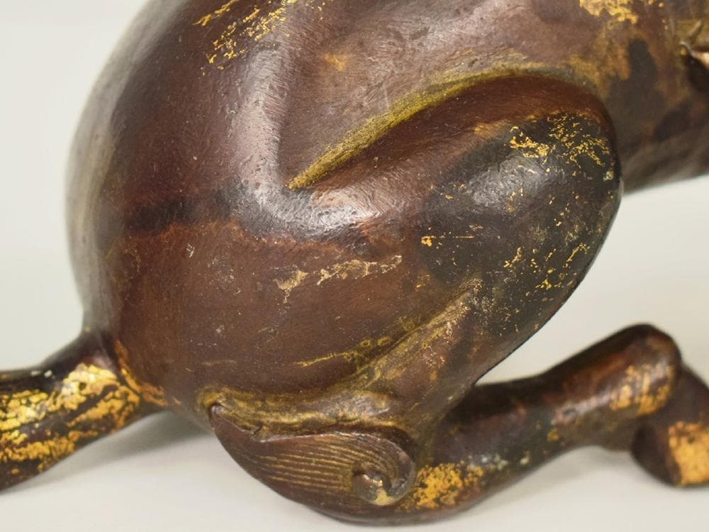 【銅】　★ 文房 銅鍍金坐姿獬豸造像 ★　清朝期　伝説神獣 細密鋳造　雅玩雑項