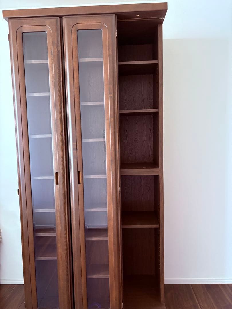 美品　木製ブラウン　スライド本棚 ガラス扉付き　日本製