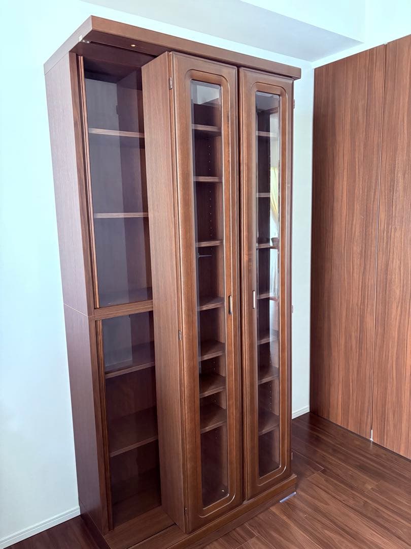 美品　木製ブラウン　スライド本棚 ガラス扉付き　日本製