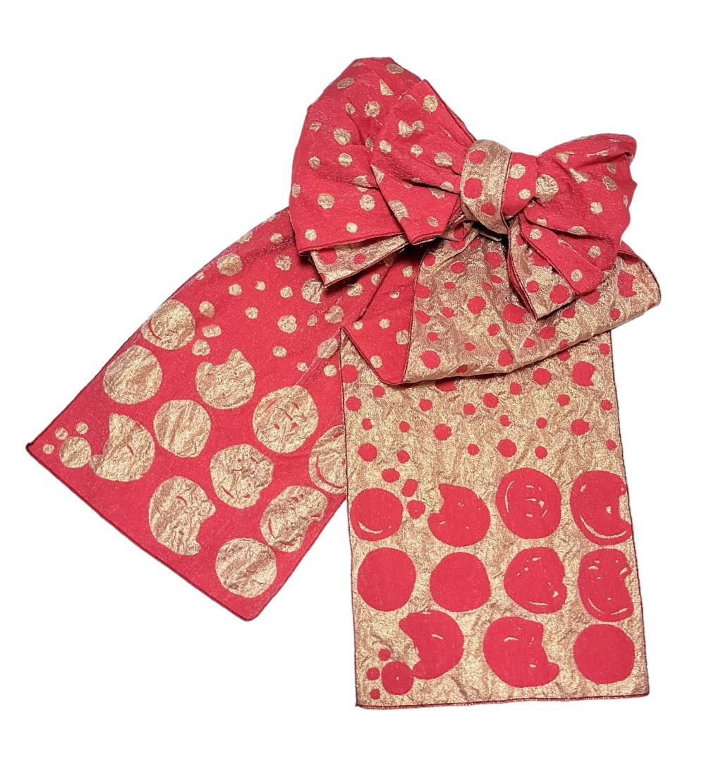 【兵児帯】猫ドット　ツモリチサト　浴衣帯 　ねこ 水玉 赤 レッド 大人