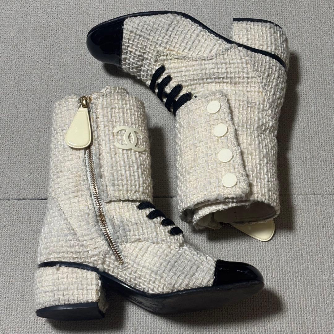CHANEL ツイードブーツ　アイボリー　35