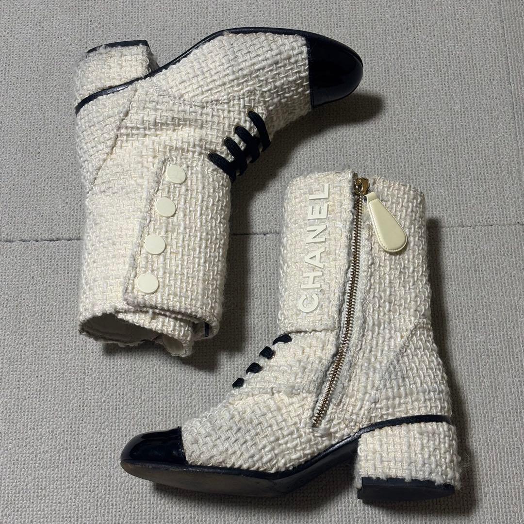 CHANEL ツイードブーツ　アイボリー　35