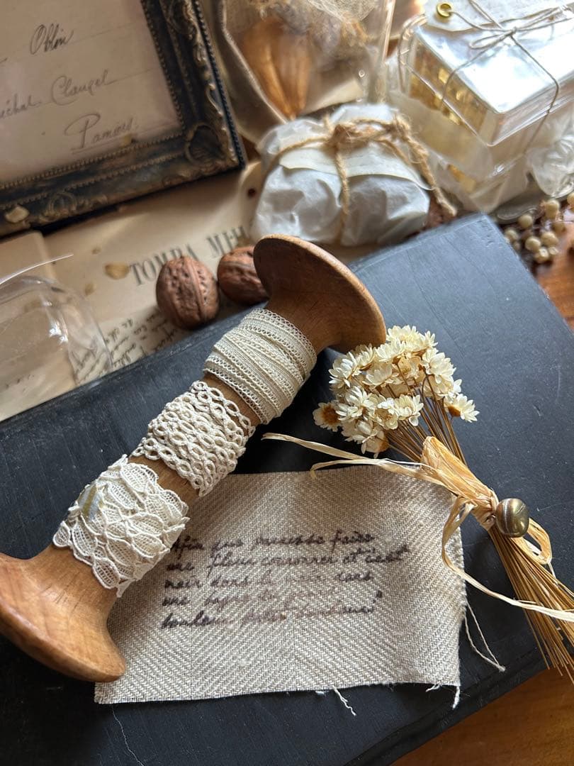 アンティーク ベルギーレース 3種 糸巻き 小さなブーケ パニエセット