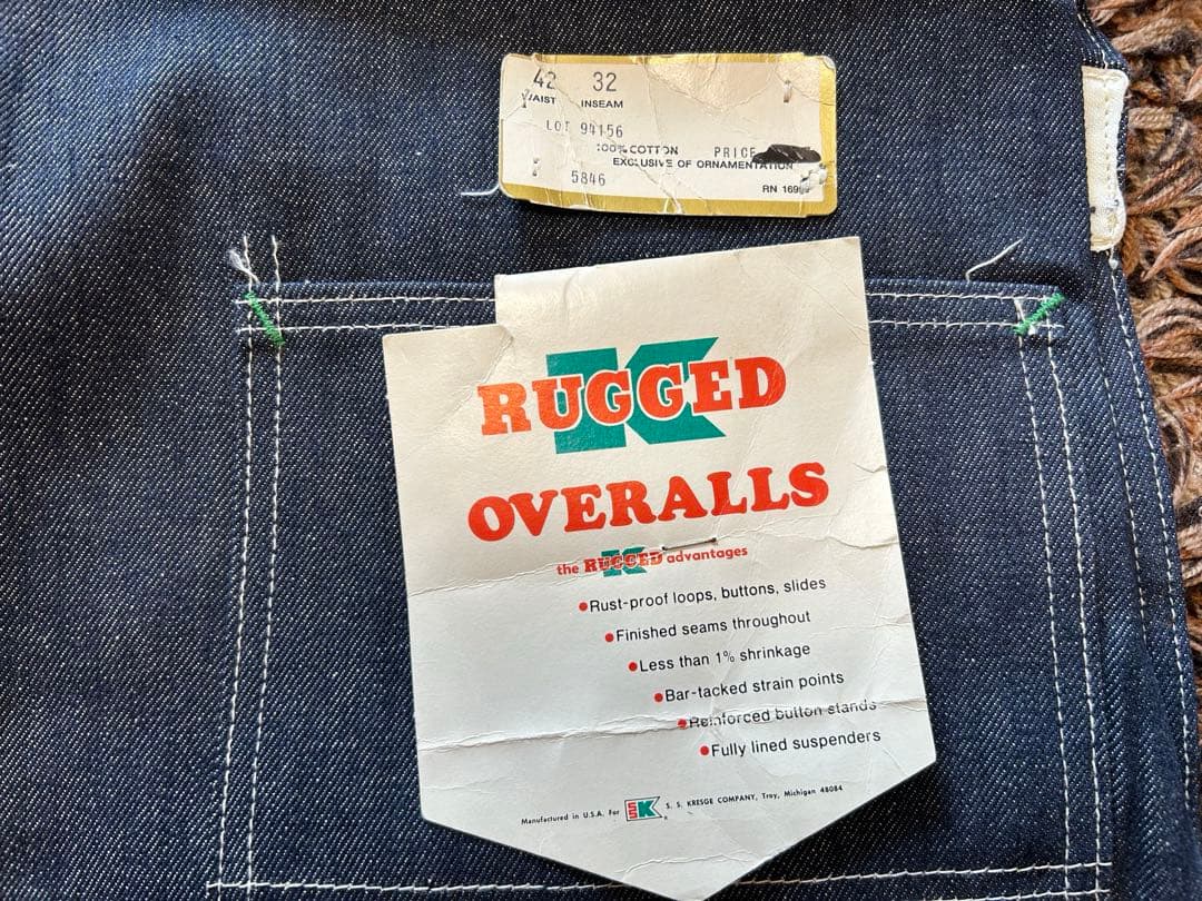 オーバーオール60s-70sデッドストック RUGGED K 42×32