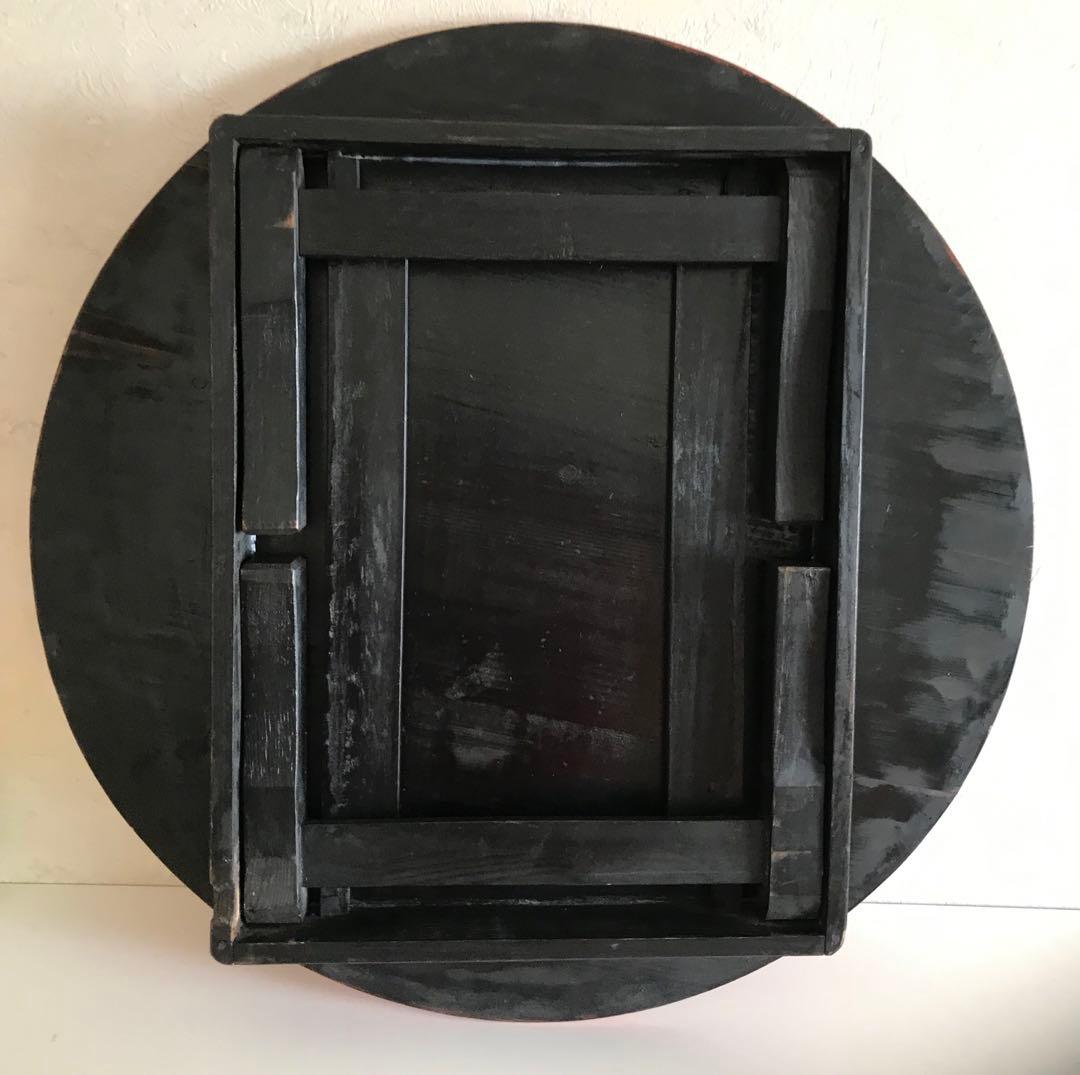 昭和レトロ　オレンジ、黒色 円形木製折り畳みテーブル　【希少】