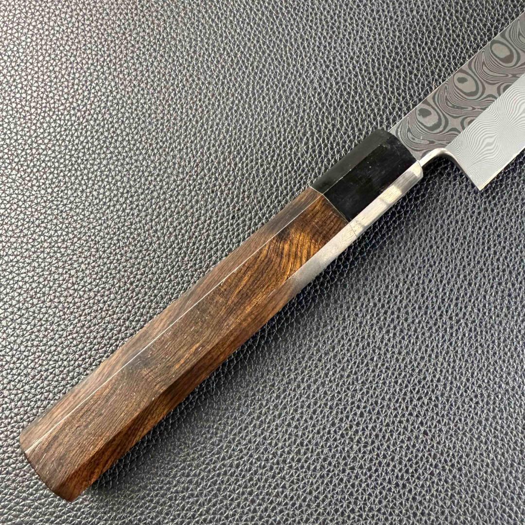 9542新品ダマスカス 切付柳刃包丁 尺一波紋の舞 105層 黒檀黒水牛角八角柄