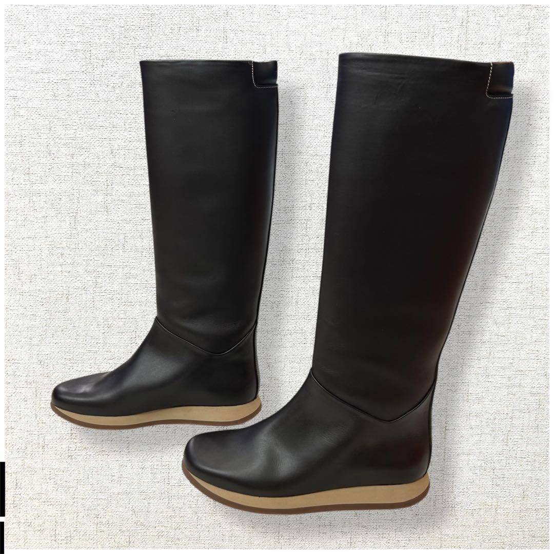 未使用級　ロゴ刻印　HERMES ロングブーツ　レインブーツ　オールレザー　37