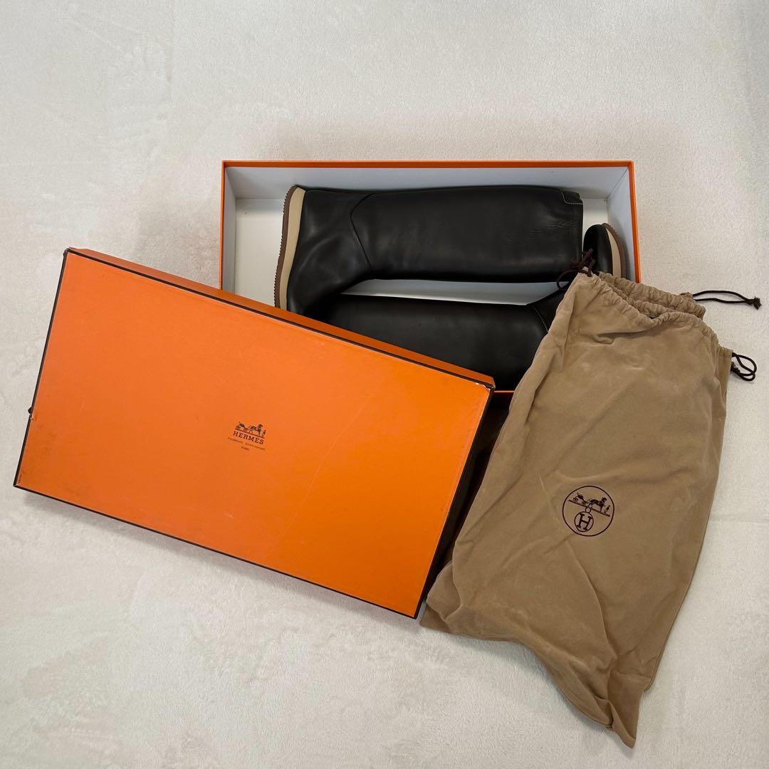 未使用級　ロゴ刻印　HERMES ロングブーツ　レインブーツ　オールレザー　37