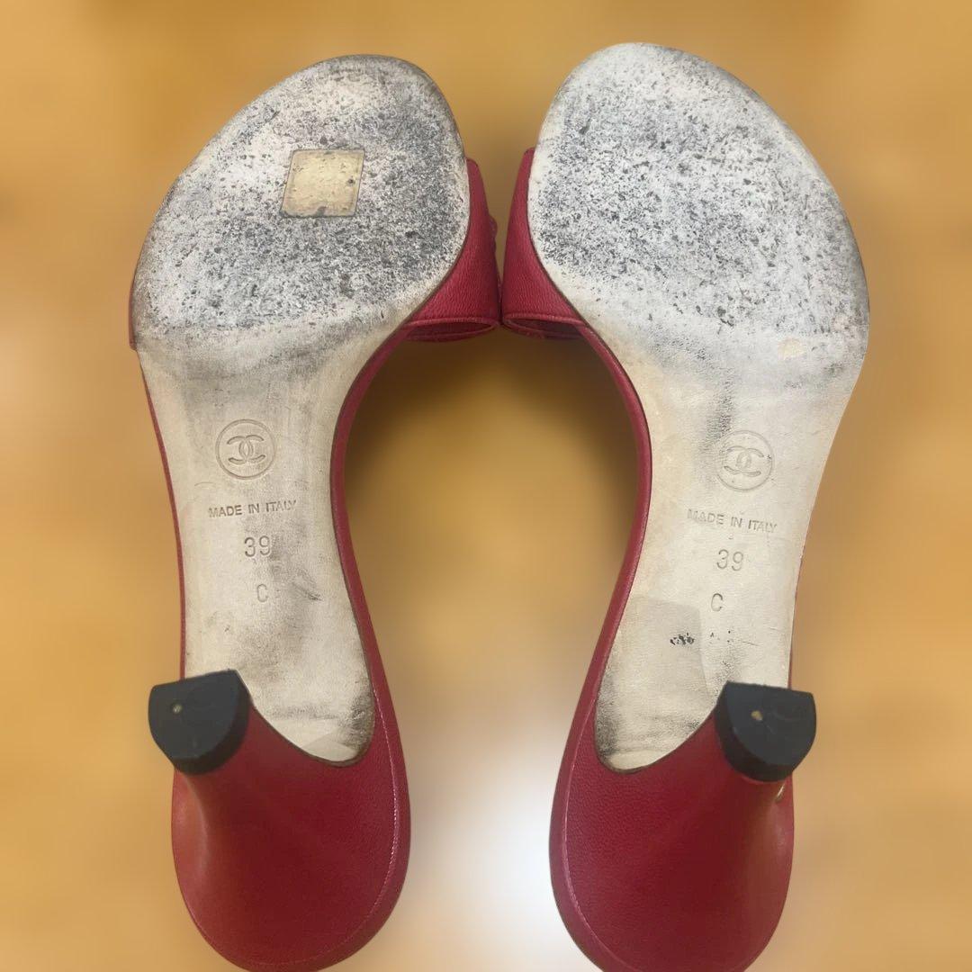 CHANEL レザーリボンミュール レッド　サンダル　39