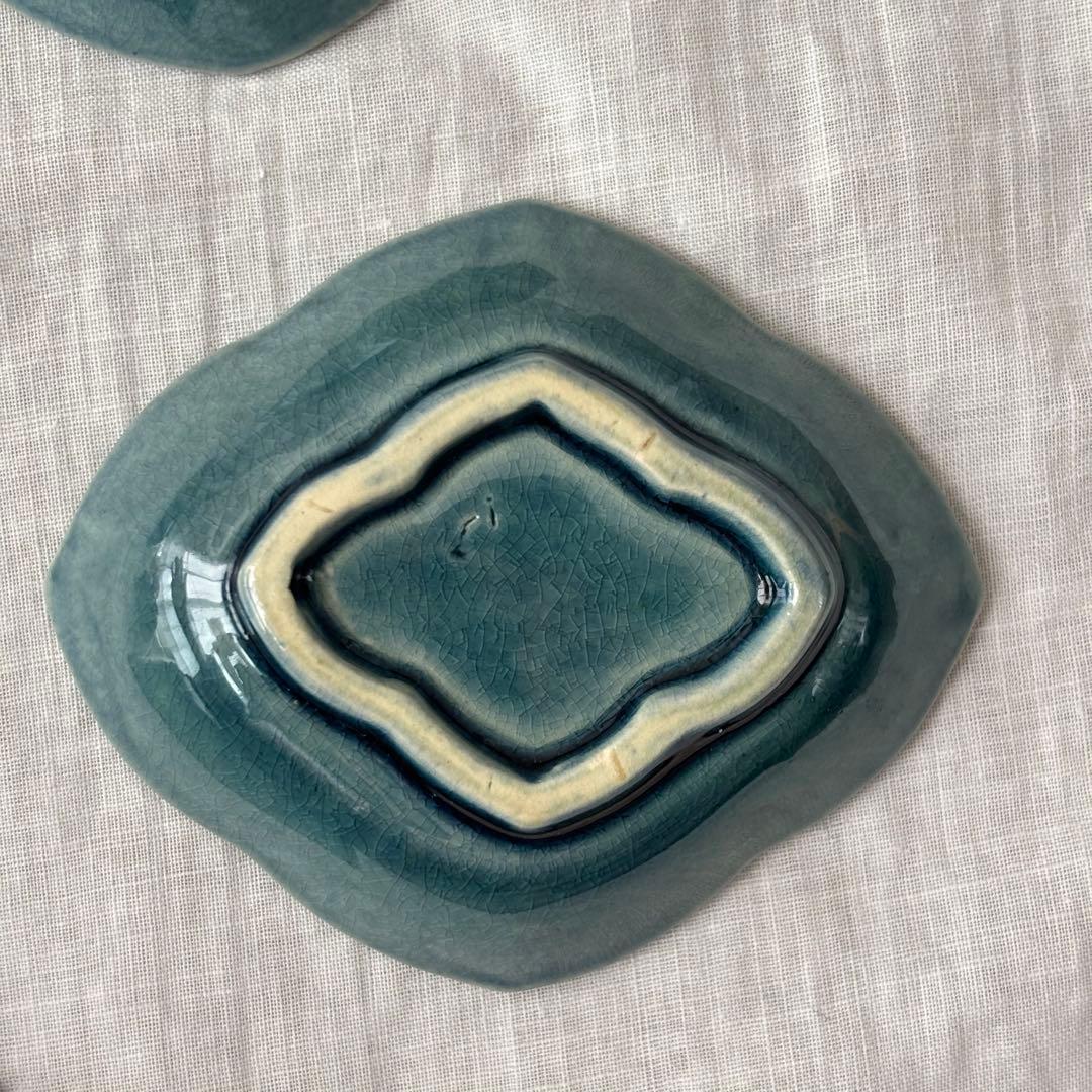 淡路　珉平焼　薄瑠璃薔薇の図 瑠璃釉青交趾陽刻 豆皿5客(江戸後期骨董古美術