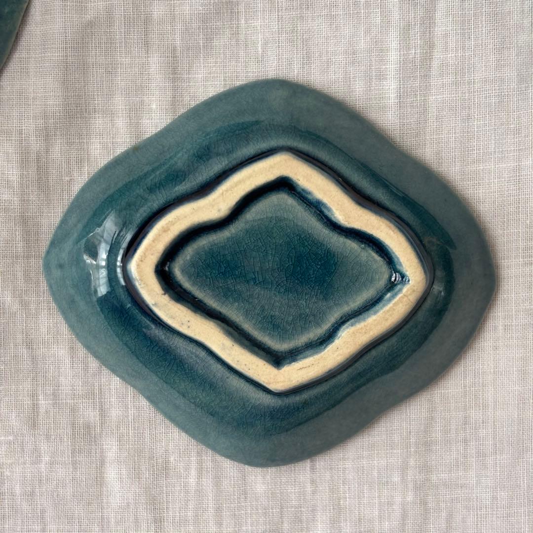 淡路　珉平焼　薄瑠璃薔薇の図 瑠璃釉青交趾陽刻 豆皿5客(江戸後期骨董古美術