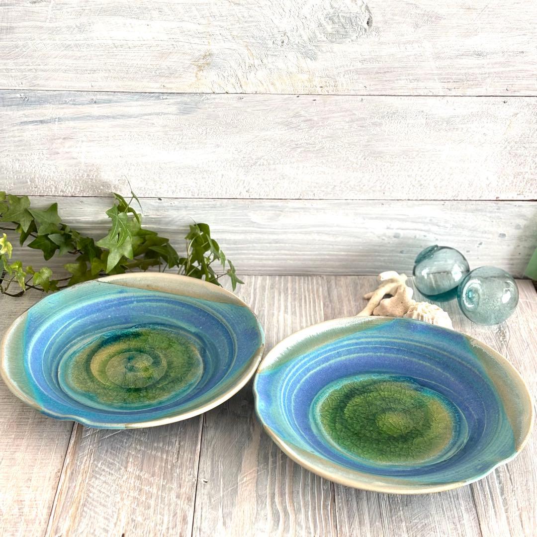 碧 フラワープレート パスタ皿 ターコイズ トルコブルー 2枚セット 益子焼