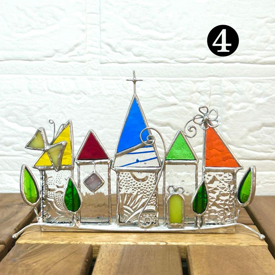 ステンドグラス(ハンドメイド) 6点おまとめ 色鉛筆、ハウス、パネル、一輪挿し