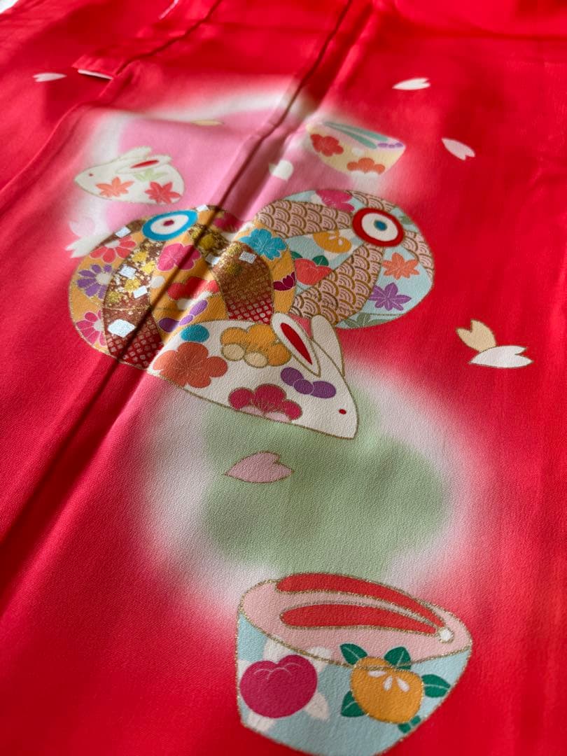 七五三に★正絹手書き友禅　うさぎに紙風船　7歳着物フルセット