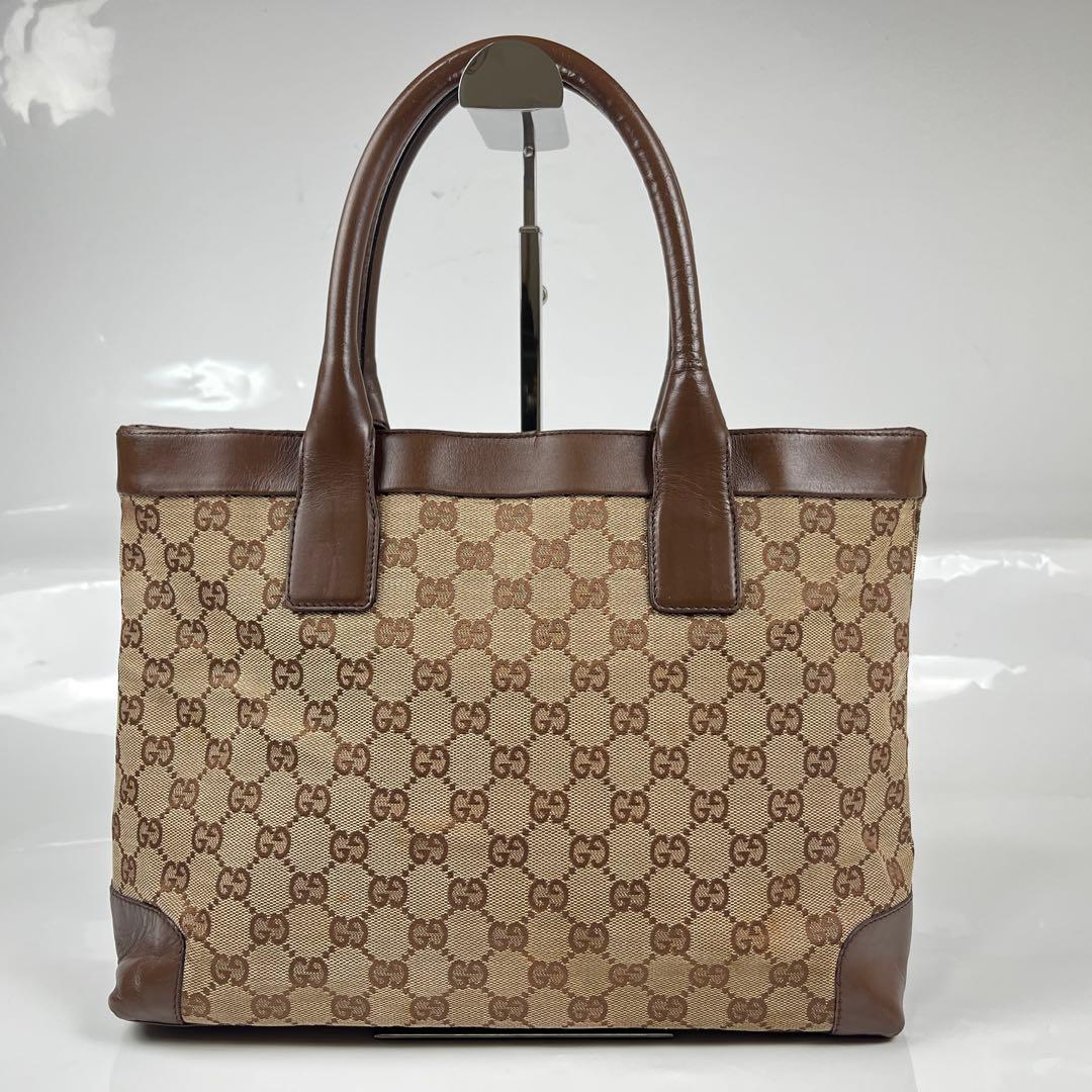 【美品】グッチ　トートバッグ　ハンドバッグ　GG柄　キャンバス　レザー　ブラウン