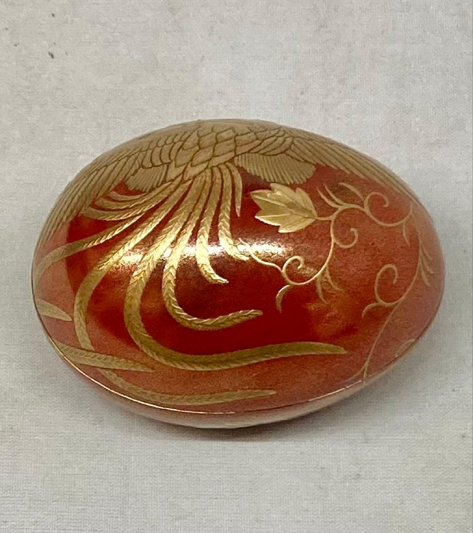 B553b「鳳凰 香合」他喜翁作　共箱　朱漆塗　金蒔絵　金梨地　畦地他喜男
