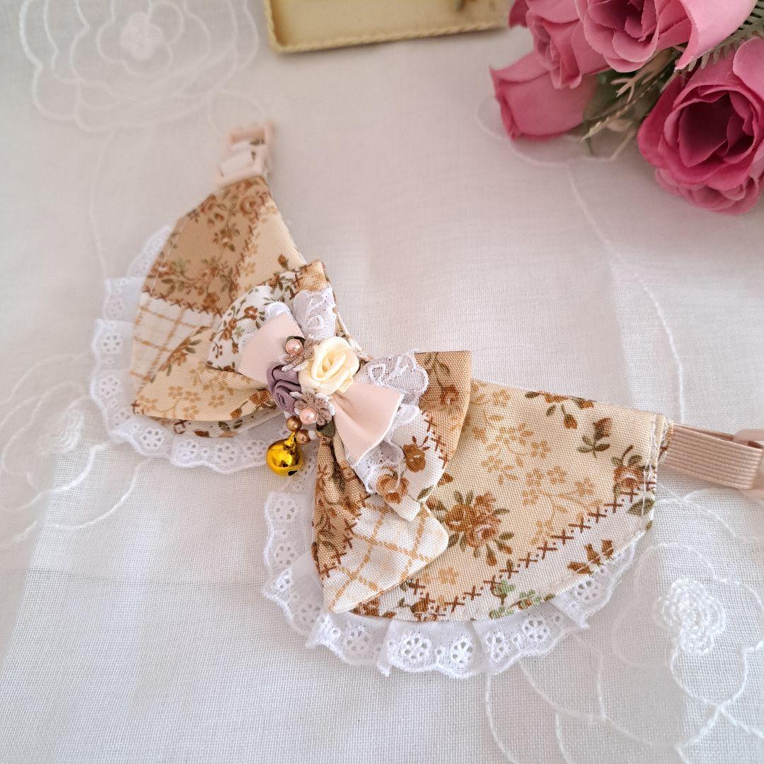 パッチワークローズ(ブラウン)わんちゃん猫ちゃん用襟付き首輪