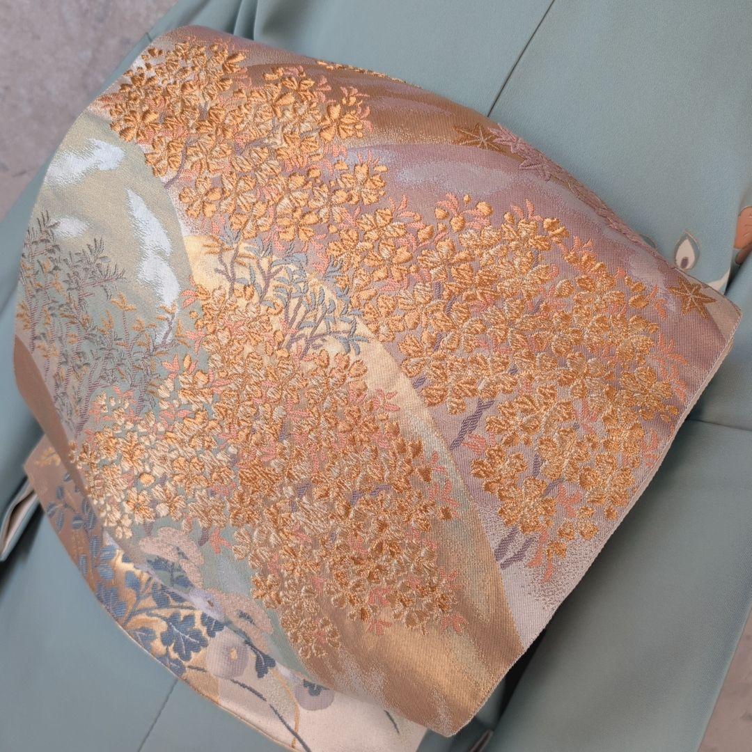 訪問着　フルセット　着物　正絹　淡い青緑　金彩加工　洋花　優美　爽やか　B2