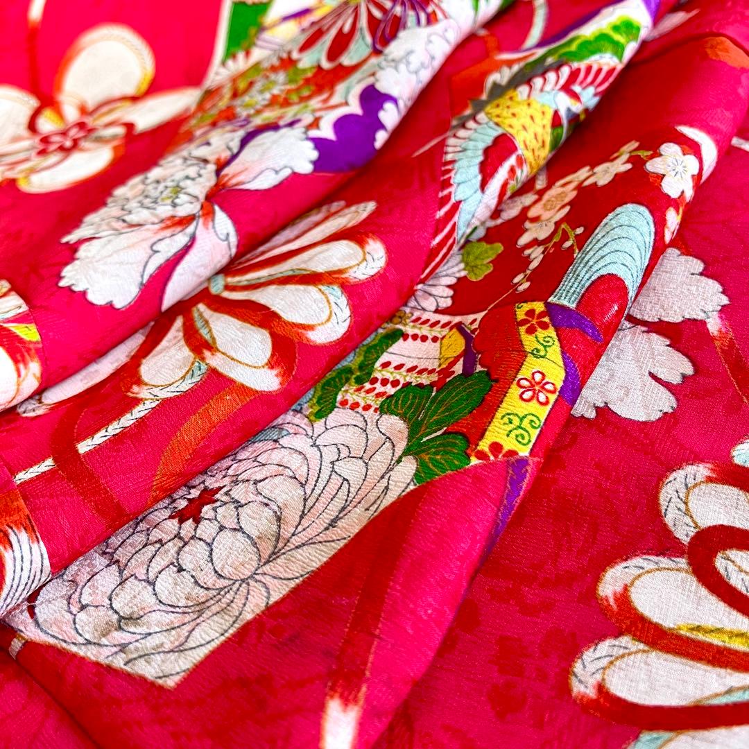 正絹 アンティーク着物 レトロ着物 ☆羽子板 地紙 七五三 【しつけ糸付】