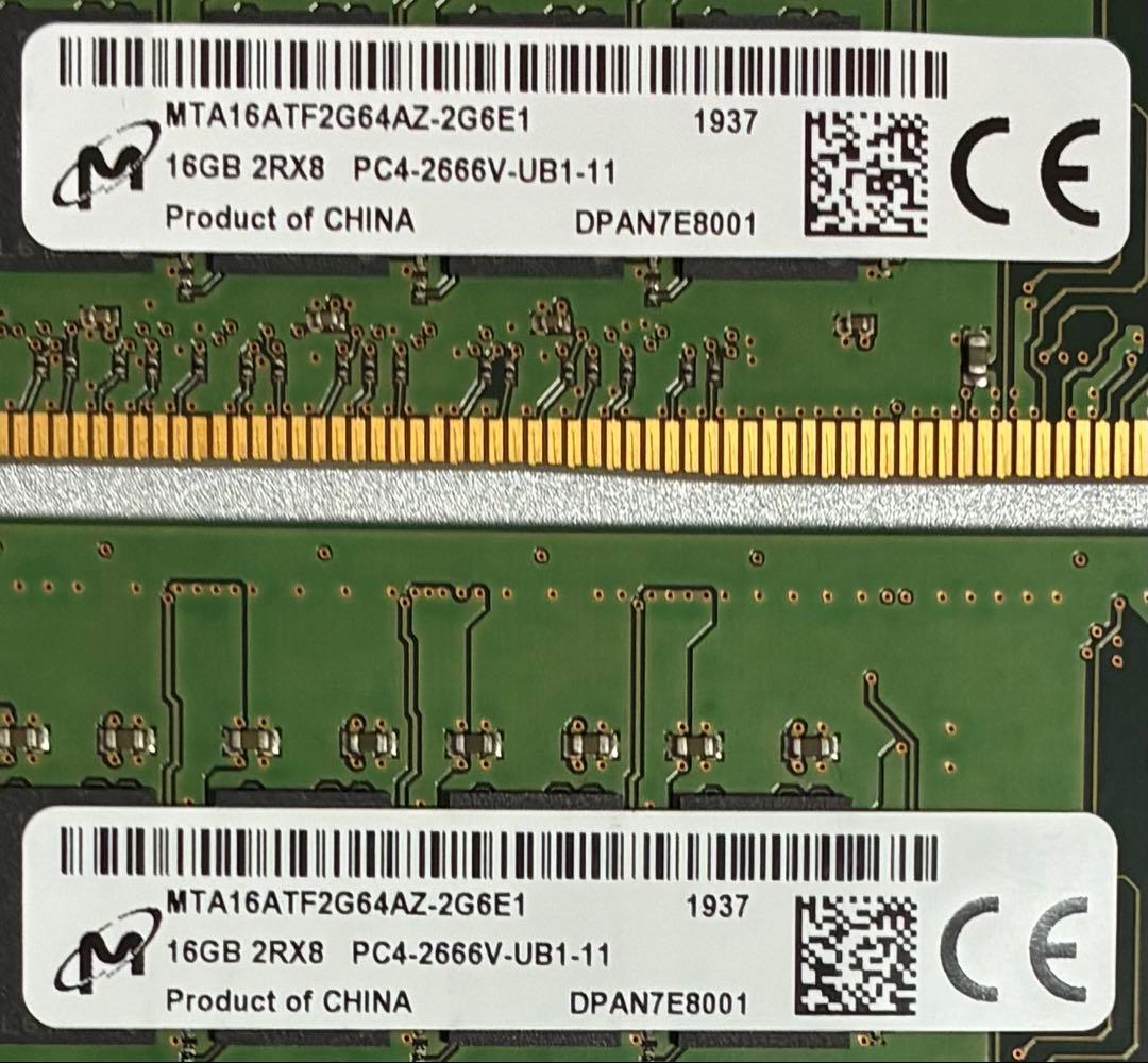 【中古】DDR4-2666 32GB(16GB×2枚) Micron