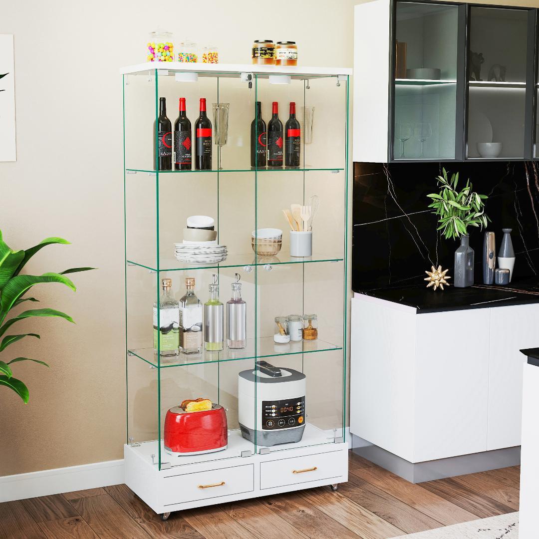 【ホワイト】 LED照明・引出し付 ガラス収納キャビネット4段 両開ドア