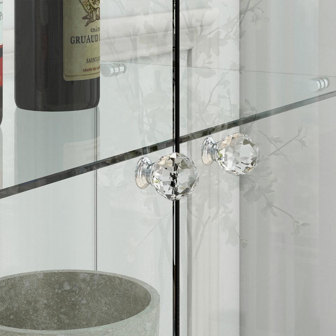 【ホワイト】 LED照明・引出し付 ガラス収納キャビネット4段 両開ドア