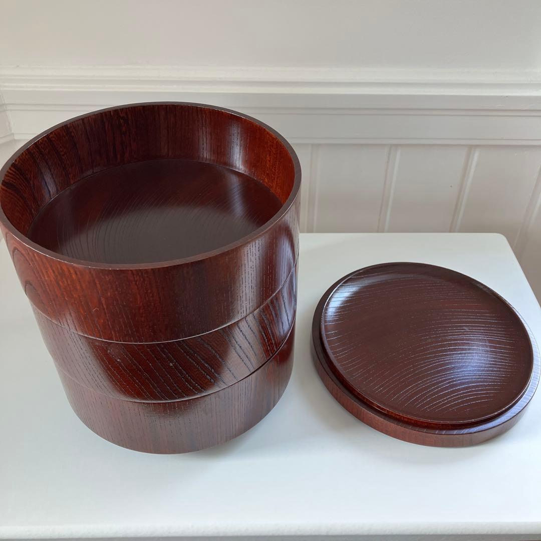 樹齢200年奥￼飛騨の天然木工芸品　乾燥4年ケヤキ重箱 3段 ダークブラウン