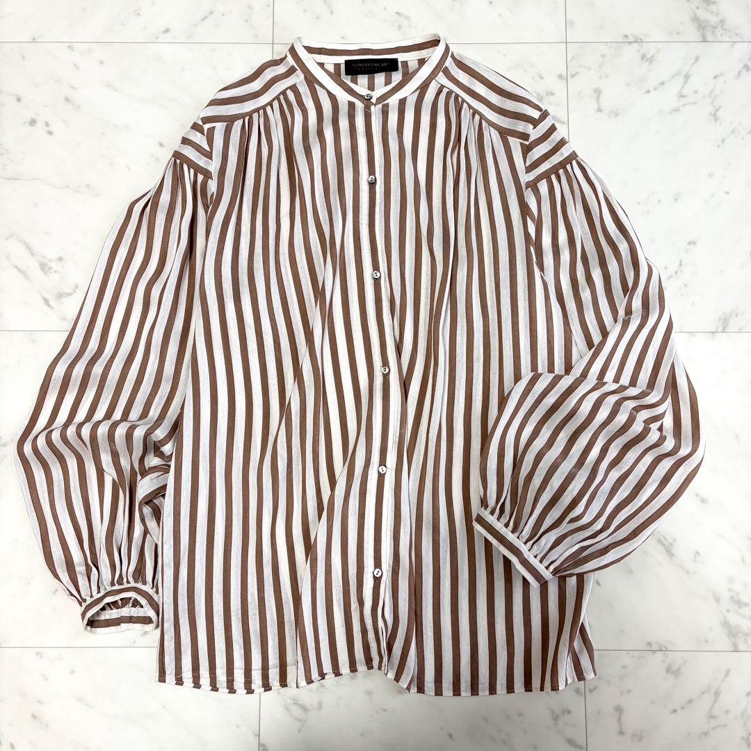 美品 トゥモローランドコレクション シルク混ストライプ スタンドカラーブラウス