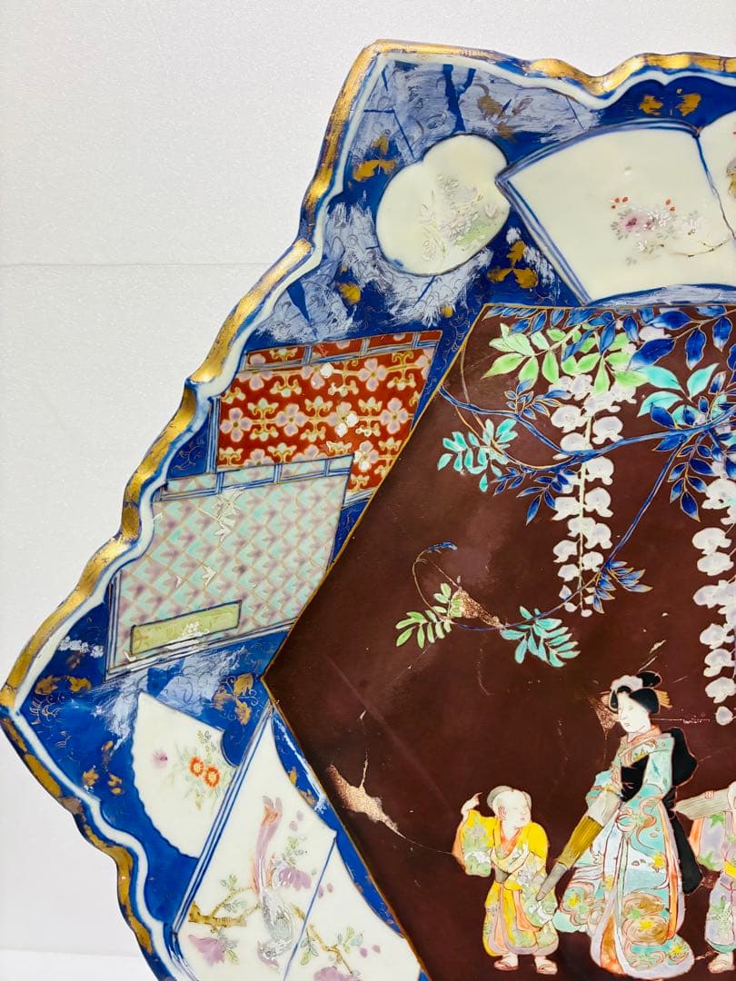 お値下❌ 明治初期 香蘭社 色絵褐地藤絵人物文 ブラックホーソン六角大皿
