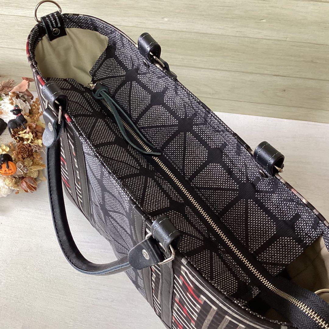 秋名バラ 大島紬 ×本革 着物リメイク トートバッグ 和装バッグ ハンドメイド