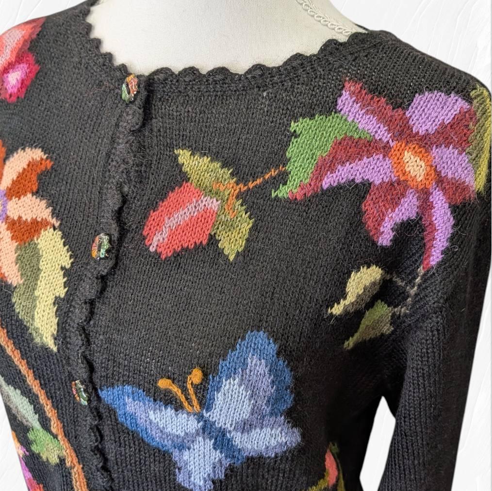 アルパカ １００％ 花柄 カーディガン ブラック Ｍ～Ｌ相当