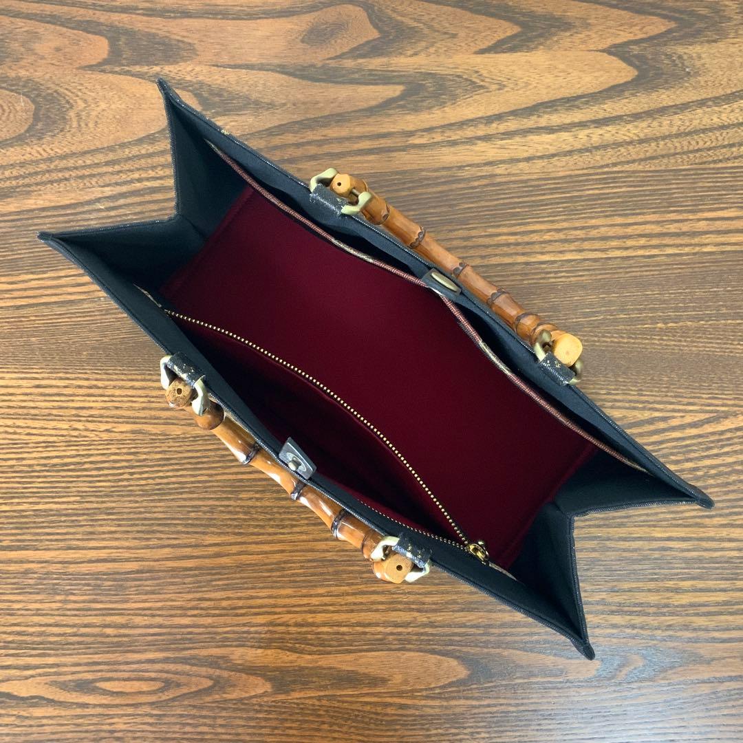 きらめく扇面に刺繍の白梅　袋帯　リメイク　バンブーハンドルバッグ　浅型マチ広め