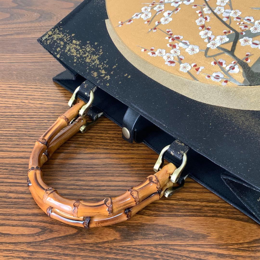 きらめく扇面に刺繍の白梅　袋帯　リメイク　バンブーハンドルバッグ　浅型マチ広め