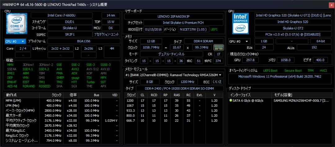 Windowsノート本体 ThinkPad T460s (i7/12GB/256GB/FHD)