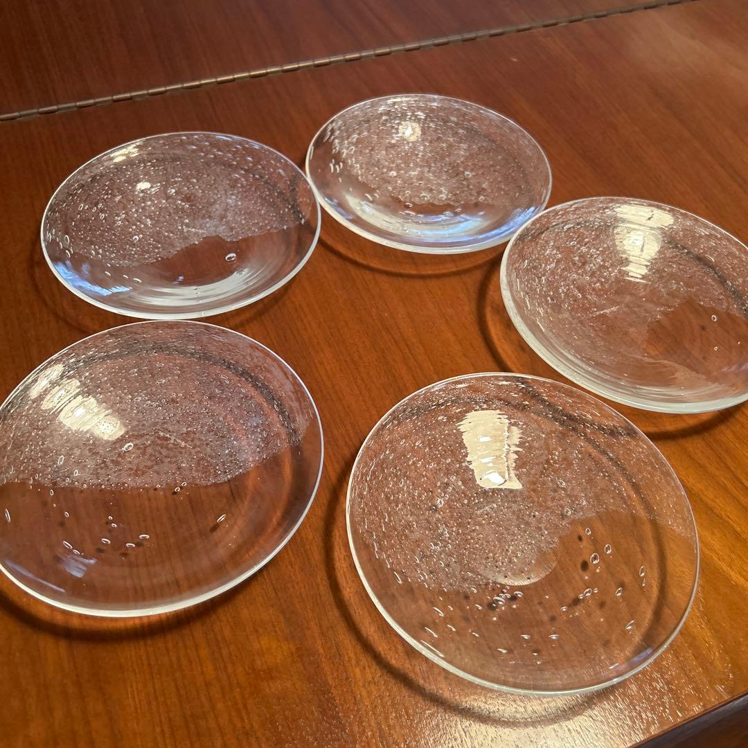 新品◆03荒川尚也　ガラス中皿５枚セット　晴耕社ガラス工房　泡ガラスプレート
